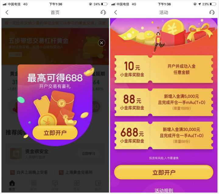京东金融1撸10京东金融app，搜索黄金，进去下滑中间广告，688元现金大礼，进去开户，限制建行、工行、交行、光大，入金1元奖励10元，所有奖励活动结束15工作日发放 截止7/19
