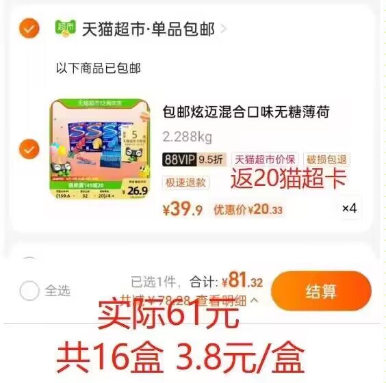 1.商品下领129-30劵拍4件81元 返20猫超卡实际61元 折合3.8元/盒 史低炫迈无糖薄荷口香糖28片*4盒)FJpgdOMOyYl)/ CZ11//