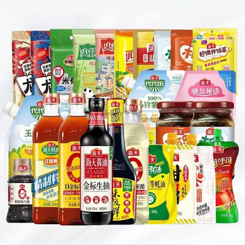 4件 任选4件 29.9元【海天味业旗舰店】海天调味料组合共4件(KW7Q2utxs68)/新增了一些调料可选基本上厨房做饭需要的都有了木瓜丝，酱油蚝油，甜面酱淀粉醋，珍珠米，拌饭酱都有