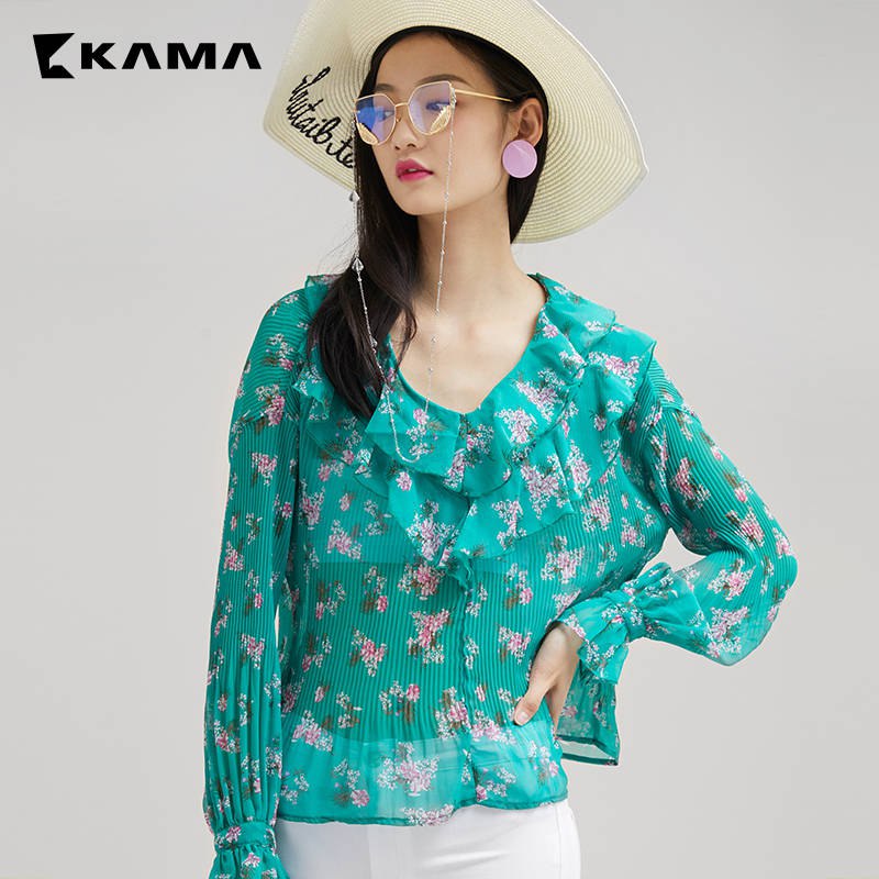 KAMA卡玛荷叶边长袖碎花衬衫  