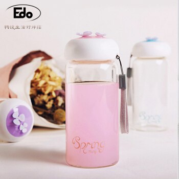 Edo 玻璃杯随身茶杯 带盖耐热可爱创意泡茶杯男女 办公喝茶水杯子花朵粉玻璃杯 460ML
