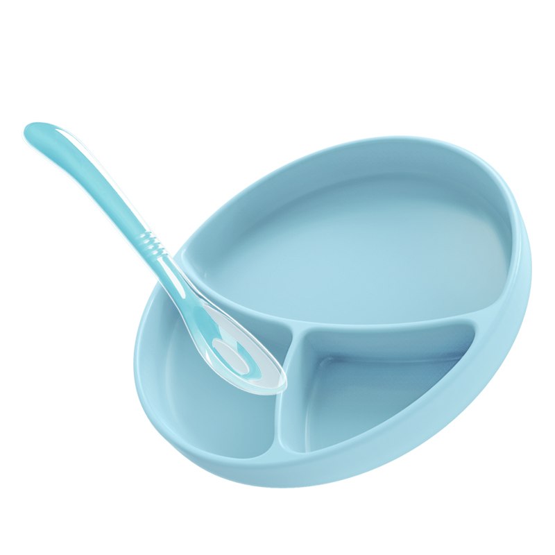 爱音（Aing）儿童餐具宝宝分格餐盘硅胶吸盘碗勺套装婴儿辅食碗2件套蓝色