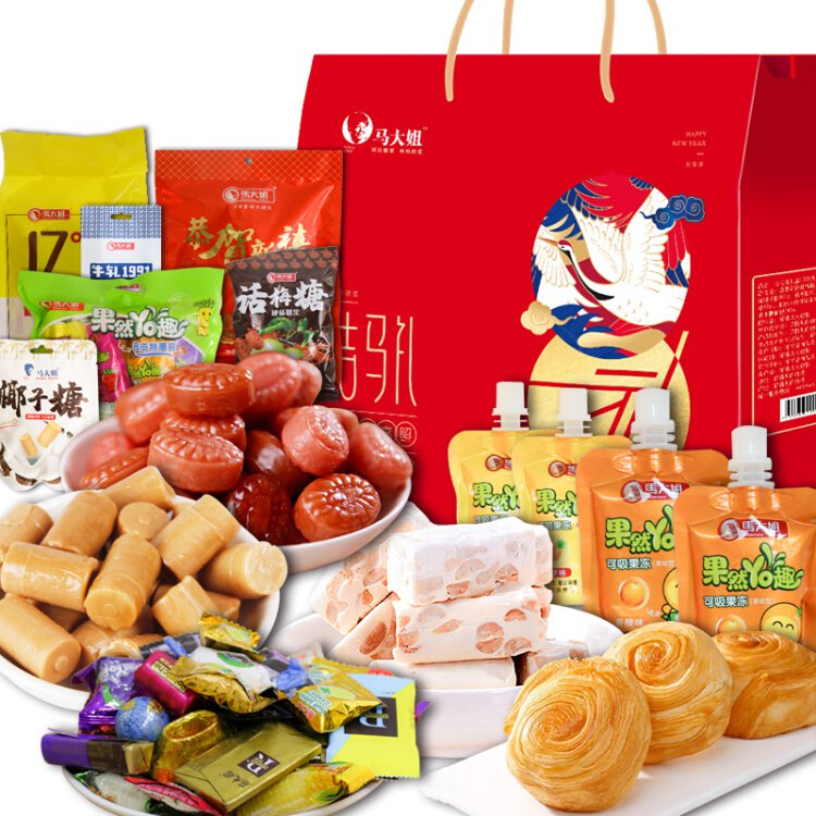 马大姐少年休闲零食大礼包 手撕面包什锦酥糖话梅糖 1302g 礼盒装