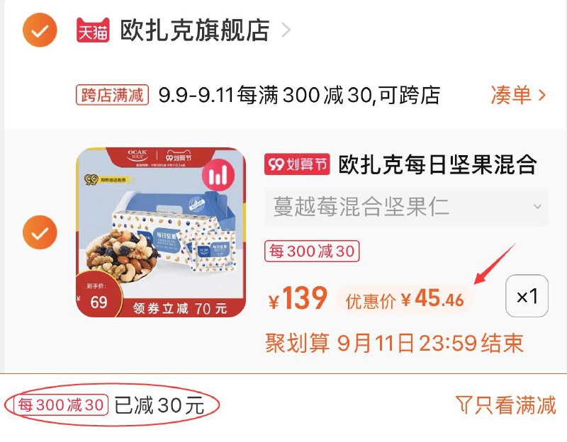 2.凑单商品 也加购物车1件(dwUjXLzrZYM)/ 两个商品一起【提交并且付款】然后再单独【退款凑单商品】欧扎克每日坚果 到手45.5元