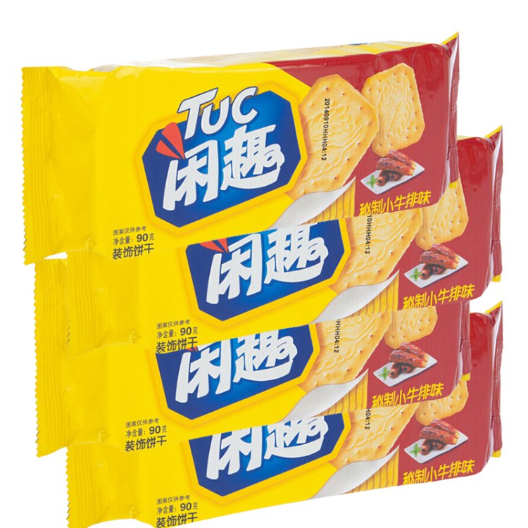 闲趣 休闲零食饼干自然清咸原味/海苔味/番茄味/牛排味90g*4 秘制小牛排味90g