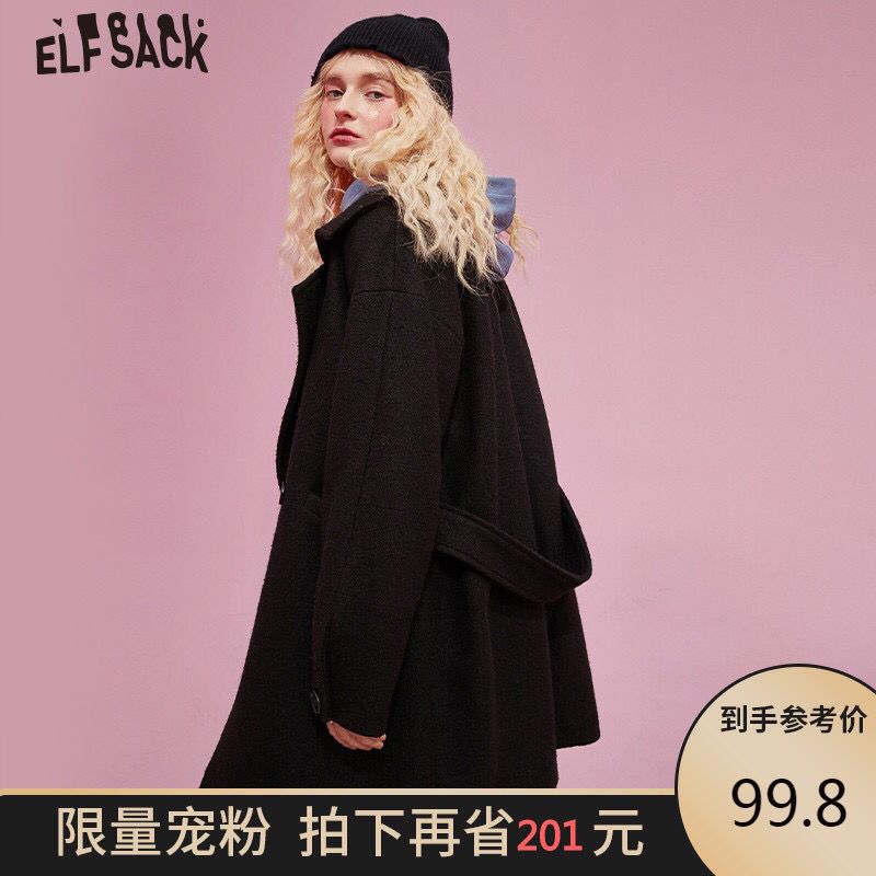 0-妖精的口袋赫本风黑色羊毛呢大衣女中长款商品下领300-30劵 99元(NZEKcnQhEt6)/