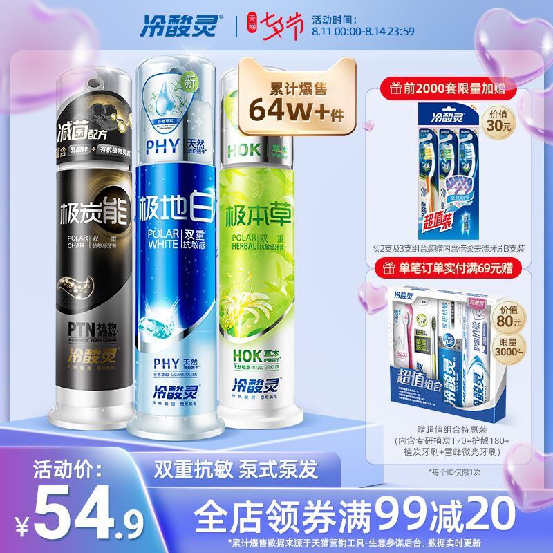 1.领券 加入购物车1件2.领商品下300-30七夕券冷酸灵极地白泵式牙膏共6件套 (FQLrXOphetp)/