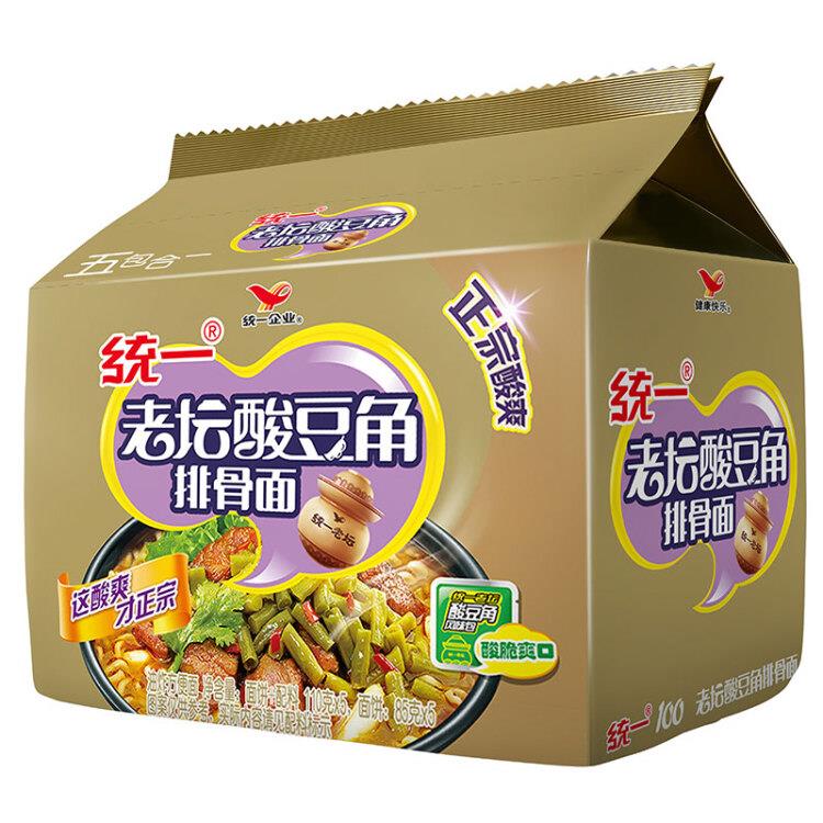 【京东】统一方便面老坛酸豆角排骨面五连包：