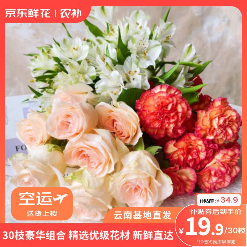 自营京东鲜花 花束合集！！19.9元 玫瑰10枝+康乃馨10枝+赠六初10支