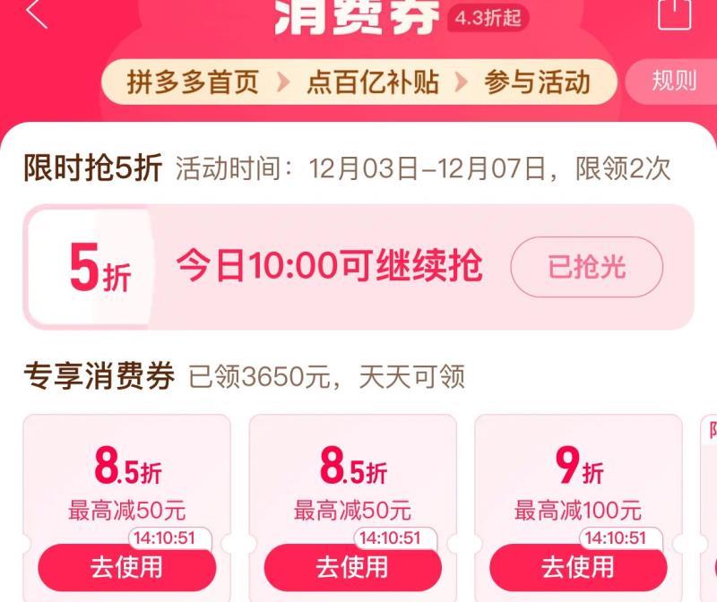 10点 拼夕夕-百亿补贴-消费券可领5折券