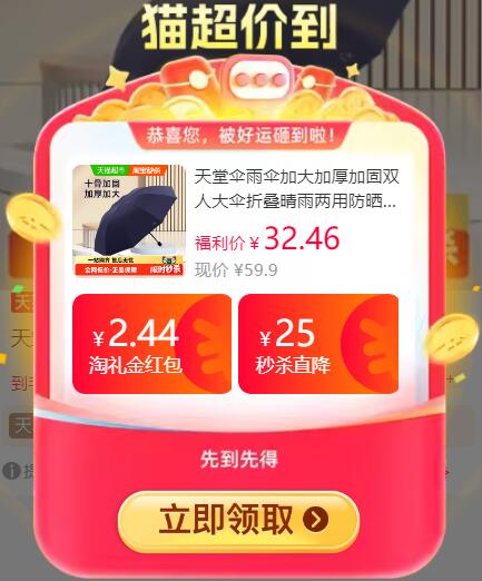 2.44礼金44.9元 猫超包邮天堂伞雨伞加大加厚加固双人大伞：/