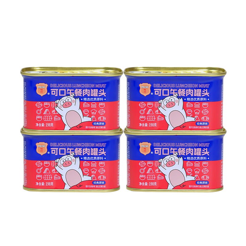 梅林 可口午餐肉罐头 198g*4罐拍下19.9元；折4.9/罐