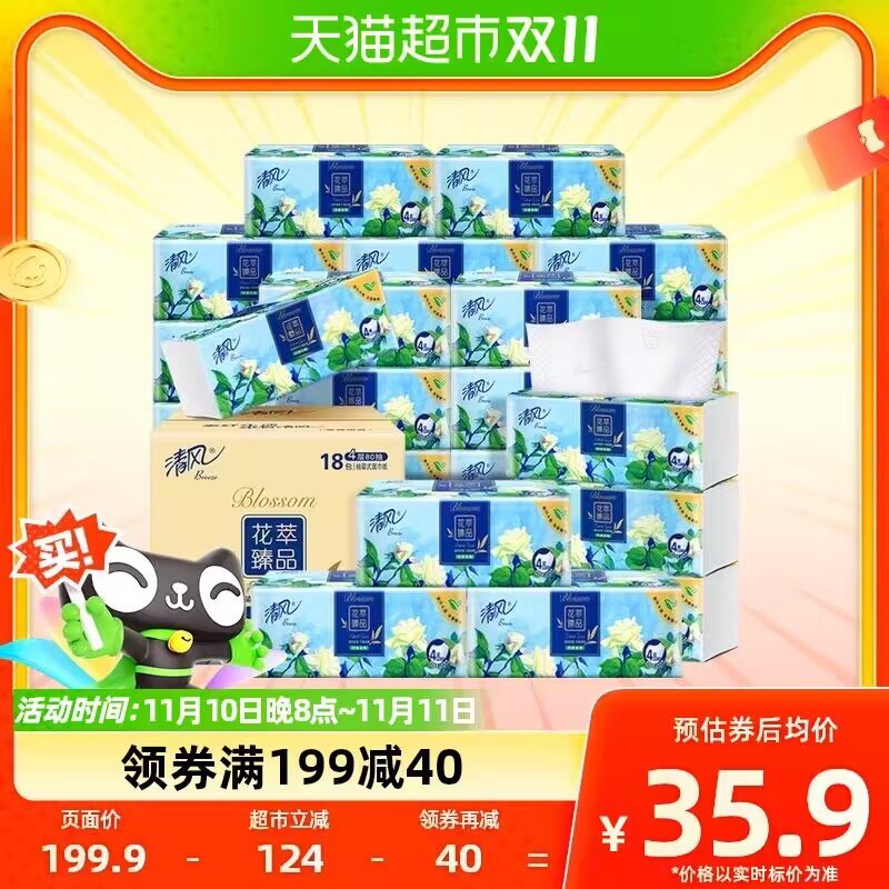 199-40券后 拍下20.9💵88vip会员19.8💵 折1.1/包清风花萃臻品抽纸80抽*18包)XfavWWPcnjp)/ CZ11用了它之后俺都不想换纸了~在洗衣机里洗 都不会掉纸屑!搜索隐藏优惠